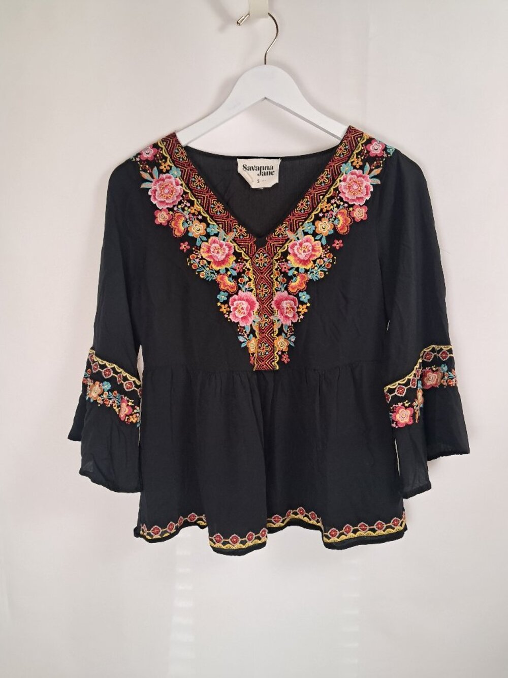 Savannah Jane Black Embroidered Boho Bell Sleeve Floral Peplum Top Size S